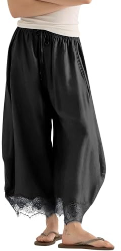 STURWBEZ Women's Cropped Lace-Hem Pants Summer Wide Leg Drawstring Waisted Lounge Palazzo Trousers with Pockets