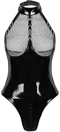 Nimiya Women's Wet Look PVC Leather Teddy Bodysuit Zipper Crotch Leotard Lingerie Clubwear Black M