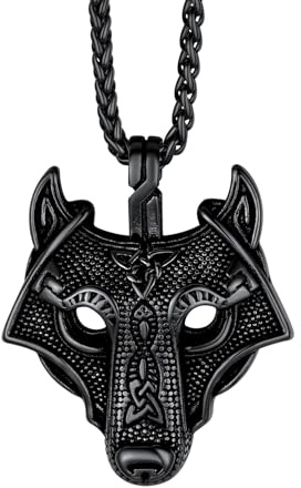 Richsteel Collar Cabeza de Lobo Vikingo con Nudos Celta de Acero Negro para Hombres Mujeres