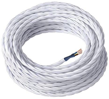 Amarcords - Cable de tela color BLANCO, trenzado, seda, 10 metros, con tierra 3x0,75 - Hilo eléctrico textil de color estilo clásico para lámparas bricolaje e iluminación vintage.