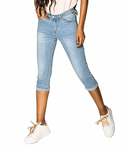 Nina Carter P132 Jean Capri Skinny Fit pour Femme Pantacourt Taille Haute Effet Usé et Lavage, Bleu Clair (P132-6), L