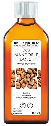 PELLE PURA - Olio di Mandorle Dolci Naturale Idratante e Nutriente per Viso, Corpo, Capelli, Rughe Anti Età, Cicatrizzante Ideale anche come Olio Massaggio 100ML MADE IN ITALY