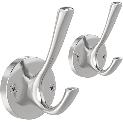 TOFIIGREM Brushed Nickel Wall Hooks Towel Hooks, 2 Pack Coat Robe Hook Heavy Duty Bathroom Double Hook Wall Mounted, Hand Towel Hooks for Closet Entryway Cubicle Kitchen