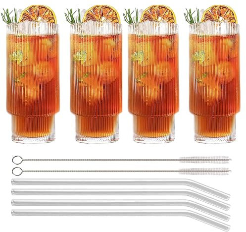 MUJUZE Geriffelte Gläser Set mit Strohhalm,4er Riffle Aesthetic Gläser Stapelbar Eiskaffee Gläser, 310ML Longdrinkgläser Set,Origami-Stil Glasbecher,Glasses Set ideal für Cocktails,Party,Kaffee Bar