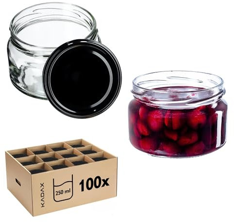 KADAX Lot de 100 bocaux à confiture, 250 ml, avec couvercle Twist-Off fi82, hermétiques et lavables au lave-vaisselle, en verre épais, choix de bouchons à vis, noirs