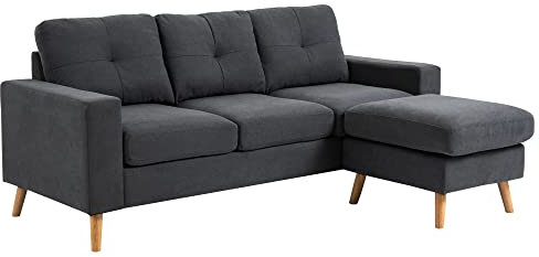 HOMCOM Canapé d'angle en Tissu de Lin, canapé 3 Places, Chaise Longue Reversible Gauche ou Droite, 193 cm, Design scandinave, pour Salon, Appartement, Petit Espace, Pieds en Bois Massif, Gris foncé
