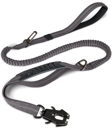 Joytale Taktisk hundkoppel kraftigt, 1,2–1,8 m stötdämpande bungeekoppel med 2 handtag, metallkarbinhake, bilsäkerhetsbälte, starkt dragkoppel för medelstora stora X-Large hundar, grå