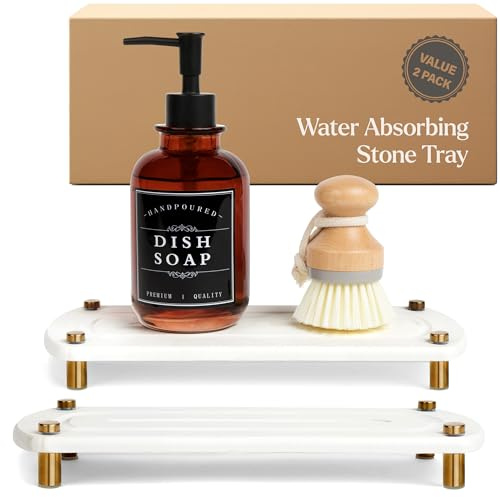 2PCS Water Absorbing Stone Soap Tray for Kitchen Bathroom Sink, Quick Dry Diatomaceous Earth Drying Rack and Shower Caddy, Soap Dispenser and Sponge Holder Organizer for Countertop, TWINKLE MOMENT; Pure White