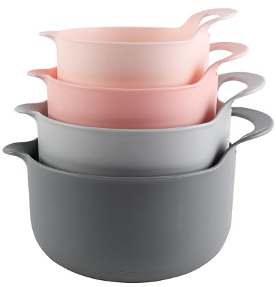 COOK WITH COLOR Non-Slip Mixing Bowls - 4 Piece Nesting Plastic Mixing Bowl Set with Pour Spouts and Handles-Measurement Markings (Pink)