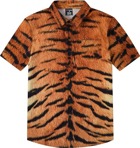 MOMBEBE COSLAND Boys Hawaiian Shirt Kids Tiger Summer Button Down Animal Short Sleeve Custom, Brown & Black, XS, 5-6 Years