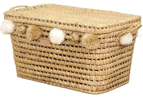 Bohome Living - Coffre à Jouets en Osier Tressé 60cm, Malle de Rangement avec Pompons, Cadeau de Naissance Personnalisé, Fait Main (Pompons)