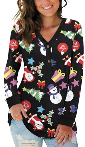 AUSELILY Camiseta de Manga Larga con Cuello en V para Mujer Blusa Henley Botones Camiseta Holgada Causal Túnica Top(Muñeco de Nieve navideño,XL)