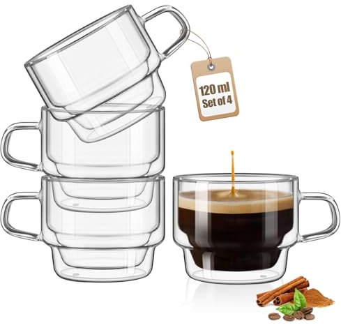 glastal Stapelbare Gläser 120ml Espresso Gläser Doppelwandige Espressotassen Glas 4er Set, Doppelwandig Kaffeegläser Teegläser Espresso Tassen Set für Tee, Milch, Geschenk für Frauen Mann