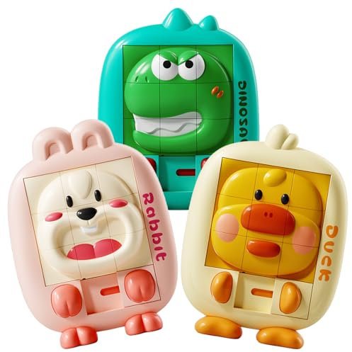 Fullware 3D Slide Puzzle Fine Motor Skills Toys for 3 4 5 Year Old Brain Teasers Travel Toys for Toddlers on Plane Birthday Gift for Boys Girls Cartoon Animals Puzzle for Kids（3 Pack）