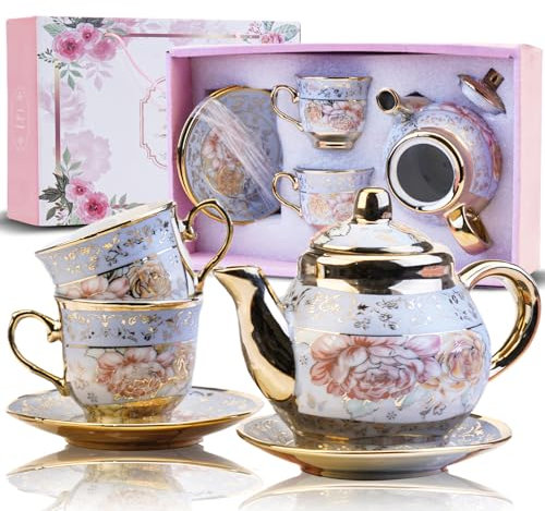 LUCYLANKER Juego de Té de Cerámica de Estilo Europeo, Incluye 1 Tetera, 2 Tazas de Té, 2 Bandejas de Té, Juego de Té de Estilo Europeo Único, Adecuado Para Amantes del Té Y Familias (Estilo 1)