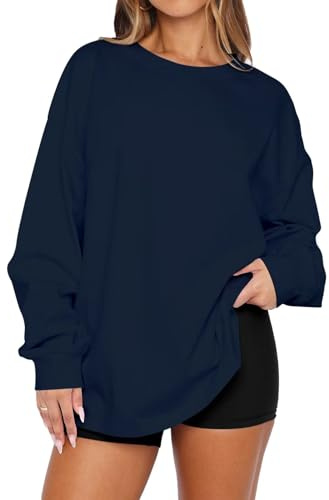 LACOZY Oversized Long Sleeve Baseball Tshirt Womens Round Neck Simple Solid Color Tunic Tops Loose Fit Nave Blue M