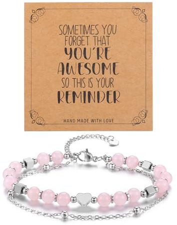 CrystalTears Rose Quartz Crystal Heart Bracelet for Women Girls, Silver Layered Pink Healing Stone Beaded Bracelets Jewellery Gifts for Women Mum Girlfriend Friends Birthday Christmas