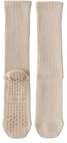 MSLSOZ Calzini lunghi per yoga, pilates, in cotone, per donne e uomini, con impugnature, antiscivolo, solidi, per pilates, danza, balletto, fitness (taglia unica), Beige, Taglia unica