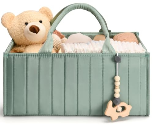 SEBRAM Organizador de pañales bebé – cesta pañales con separadores ajustables para orden inmediato – portátil para cambiador, dormitorio y salón – diaper caddy estilo boho (VERDE) (VERDE)