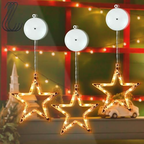 Christmas Window Lights, 3Pcs LED Star Christmas Light Hanging Christma Star Windows Light with 4 Modes Christma Decoration Indoor with Suction Cup Hook Up for Home Indoor Party Windows Decoration