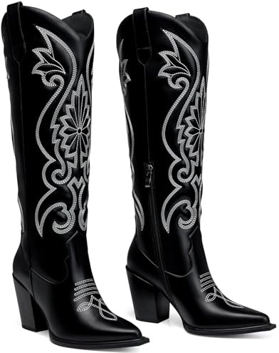 CELLENZ Women High Cowboy Boots: Pointed Toe Knee High Boots - Black Chunky Heels Cowgirl Boot - Wide Calf Comfortable Western tall Boots Size 8