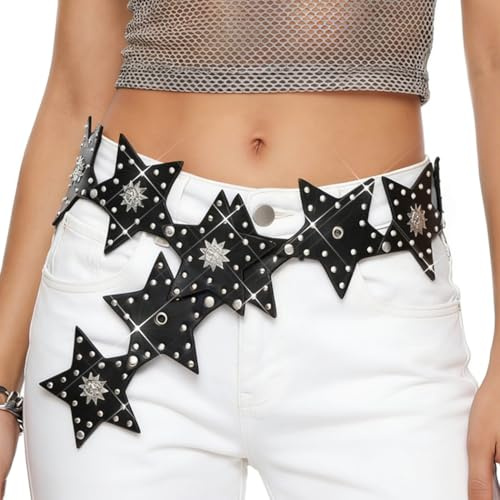 BODIY Star Leather Waist Belt Black Y2K Wide Belts Vintage Chunky Belts Western Dress belt for Women