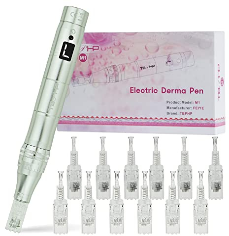 TBPHP Dermapen con pantalla LCD y 7 niveles de velocidad de longitud ajustable (incluye cartuchos de 12 cabezales), color plateado