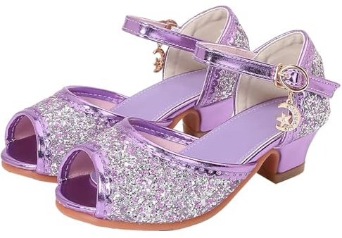 Generisch Zapatos de tacón para niños, zapatos de princesa, zapatos de tacón para niñas, zapatos de lentejuelas, bailarinas de princesa, disfraz festivo para niñas, zapatos de niña, morado, 27.5 EU