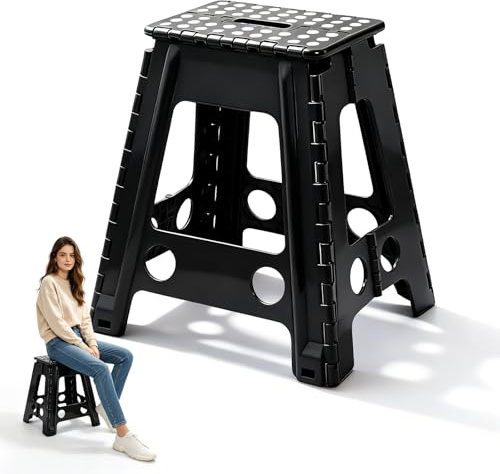 Taburete Plegable Portátil 45 cm, Escalón Plegable hasta 150 kg con Asa, Taburete Escalón Negro para Baño, Cocina, Camping y Hogar