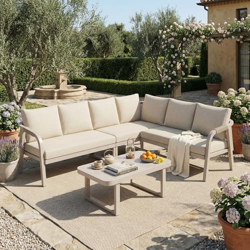 Kebnor Set di mobili da giardino, posizione angolare, può ospitare fino a 6 persone, braccioli e schienali intrecciati, tubi in acciaio zincato, con divano ad angolo e tavolino da caffè (beige)