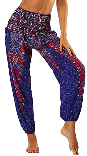 Nuofengkudu Dam haremsbyxor, hippie, säckiga, boho-mönstrade, high waist, smocked waist, low crotch, lounge wide, byxor för yoga, sommar, strand