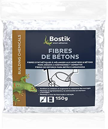 Bostik - Fibres de Bétons Synthètiques pour Mortiers et Bétons - Réduction du Retrait et Des Risques de Fissuration - Amélioration Résistance au Gel - Sac de 150g