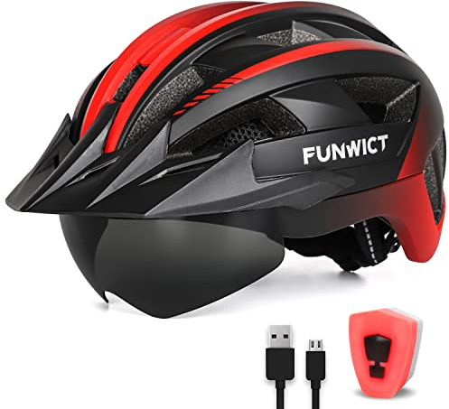 Funwict cykelhjälm med visir för män och kvinnor, lätt cykelhjälm med magnetiska glasögon och USB-laddning LED-ljus, snygg mountainbikehjälm storlek M/L/XL (XL: 59–63 cm, svart och röd)