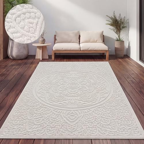 Paco Home Teppich Outdoor Wetterfest, Moderne abstrakte Boho Designs mit 3D Struktur, Pflegeleicht, ideal für Terrasse Wohnzimmer & Küche, Grösse:200x290 cm, Farbe:Creme 3