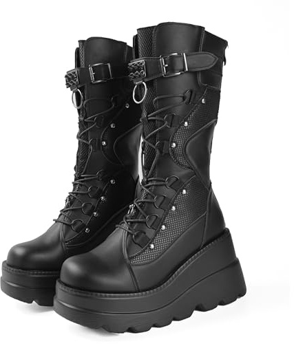 Gothniero Bottines gothiques à talon haut compensé à talon épais noir gothique punk mi-mollet avec boucles pour femme, Black2, 38 EU