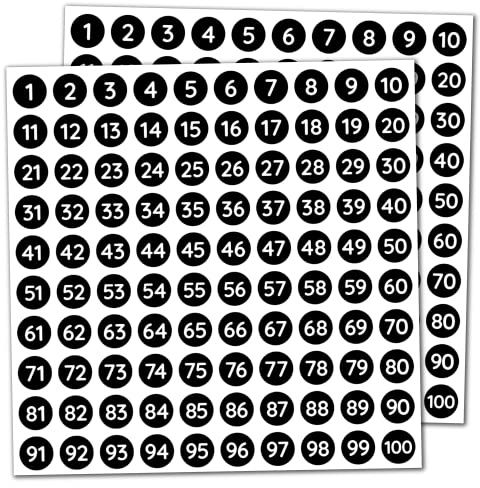 25 Fogli, 1-100 Numeri Adesivi Etichette Adesive - 10mm, Nero, 2500 Pezzi