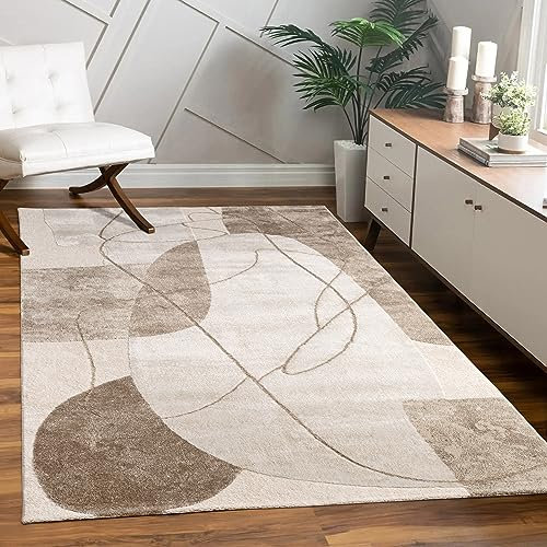 Paco Home Teppich Wohnzimmer Schlafzimmer Moderner Kurzflor glänzendes Palmen-Muster Florales Design Geometrisch Hoch-Tief-Effekt 3D, Grösse:80x150 cm, Farbe:Beige