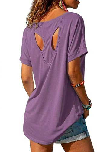 Fisoew, Maglietta Sportiva da Donna, a Maniche Corte, con Schiena Scoperta, per Fitness, Yoga, Palestra, atleta, vestibilità Ampia, Viola, XL