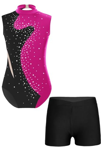 ranrann Barn flicka gymnastik trikådräkt ärmlös strass glänsande med shorts outfit skridskoåkning dans kostym show 5–16 år, En het rosa och svart, 13-14 �r
