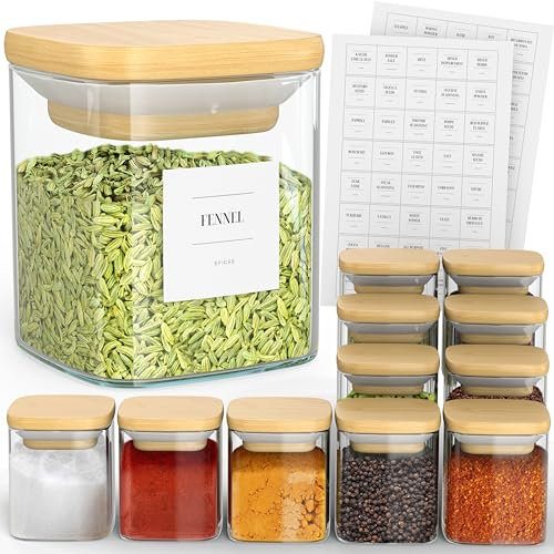 Livabl Glass Spice Jars with Lids and Labels – Bamboo Lid Spice Containers - Airtight Jars with 360 Black UK Designed Waterproof Pre-Printed Labels - Seasoning & Spices Storage (12 Pack - 120ml)