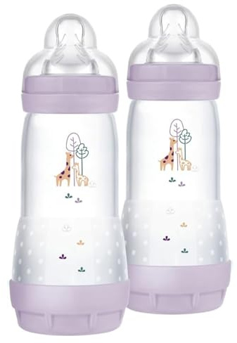 MAM Biberon Easy Start 320 ml (Set da 2), Kit da 2 biberon anticolica per allattamento, Riduce le bolle d'aria e il rischio di coliche, Accessori neonati 4+ mesi con tettarella misura 3, Lilla