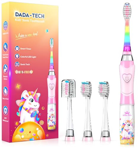 Kids Electric Toothbrush 3-5-6-12, Toddler Toothbrush Girls Electric Toothbrush with Timer Rainbow LED Light Up Sonic Battery Powered Junior Childrens Electric Toothbrush (Unicorn Pink)