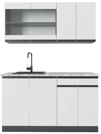 Vicco Singleküche R-Line, Weiß, 140 cm J-Shape, AP Marmor, zur flexiblen Erweiterung mit weiteren Modulen geeignet