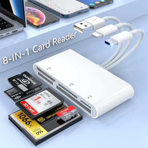 5-in-3 SD Card Reader Memory Card Reader for iPhone/iPad/Camera/Android/PC, Lightnin/Type C/USB-A to SD/TF/CF/Micro SD/XD/MS USB C OTG Card Reader Adapter 5Gbps High-Speed Camera Memory Card Adapter