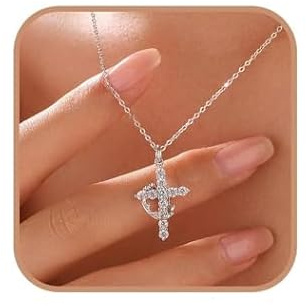 Collier Croix avec paver Couronne pour Femmes,avec Couronne Tournante,pendentif croix,Pendentif en argent 14K avec Zirconium,Collier Croix Chrétienne,Cadeau Religieux pour Toutes Occasions（45+5CM）
