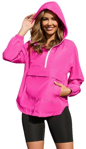 PESION Womens Packable Anorak Half Zip Waterproof Pullover Jacket, Waterproof Raincoat Lightweight Rain Jacket Windbreakers, Hot Pink, Large