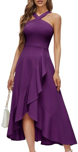 Cocktailklänning från Bbonlinedress med knytband i nacken, bal, formell, bröllop, brudtärna, volang, maxi, Hi-Lo, kväll, fest., Druva, L