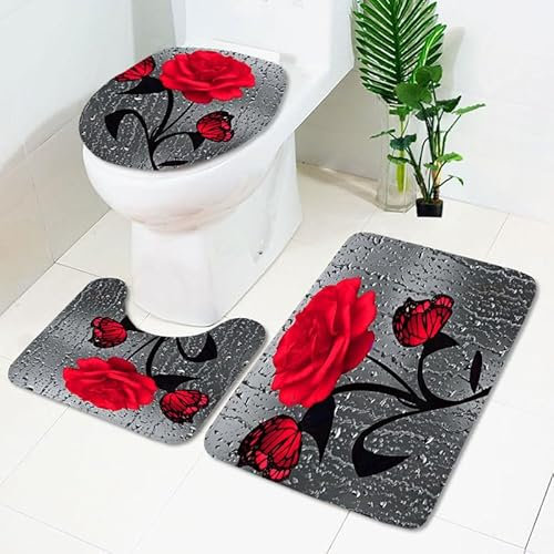 Badezimmerteppich Rote Graue Blume WC Vorleger mit Ausschnitt WC Deckelbezug 3 Teiliges WC Teppich rutschfeste Badgarnitur U förmiger Badematte Waschbar Bad Teppiche Set 50x80 cm