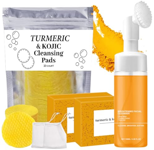 4Pcs Turmeric Wash and Care Three Piece Set,Turmeric Trio: Facial Wash,Cleansing Mousse & Soap for Skin Care,Turmeric Cleansing Exfoliating Pads,Turmeric Face Wash for Face & Body