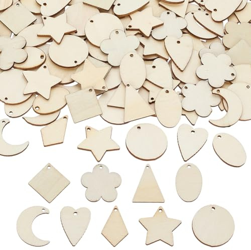 CRAFTYMELODY 180 pièce de Boucles D'Oreilles en Bois Brut 9 styles Pendentifs Breloques en Bois Blanc Antique Forme de Larme Étoile Ovale Cœur Fleur